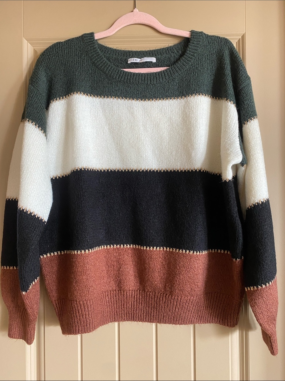 cleo Striped Crewneck Sweater in Forest, Cream, Black & Rust Large